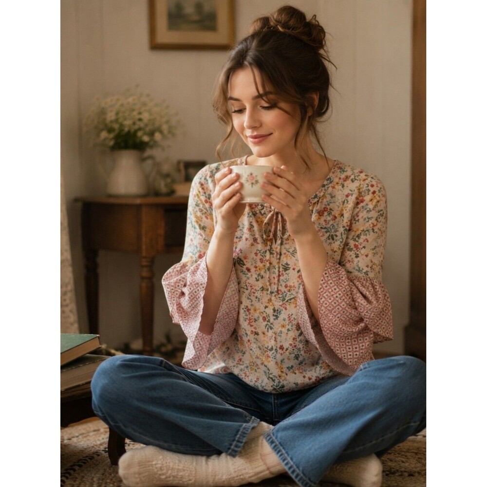 Sheer Floral Blouse Pink Cream M Double Bell Sleeve Oversized Cottagecore Coquet